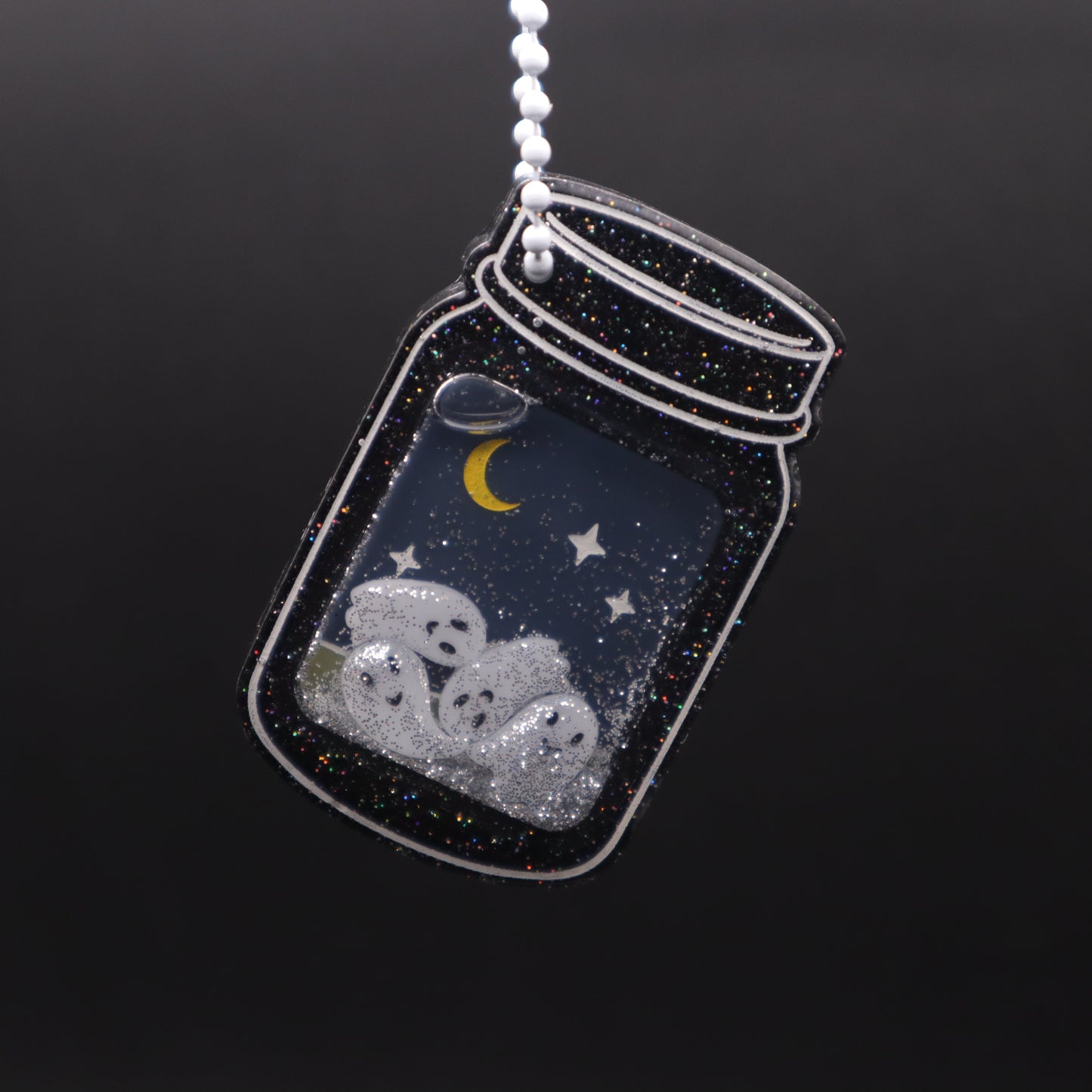 Graveyard Ghosts Jar Shaker Keychain - Black Glitter Version | Halloween Accessories