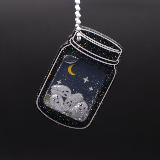 Graveyard Ghosts Jar Shaker Keychain - Black Glitter Version | Halloween Accessories