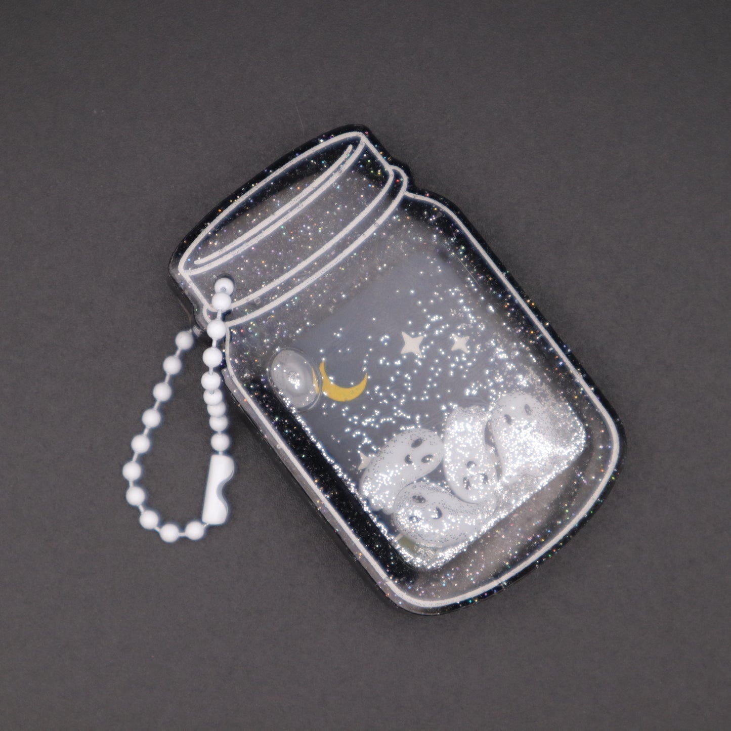 Graveyard Ghosts Jar Shaker Keychain - Black Glitter Version | Halloween Accessories