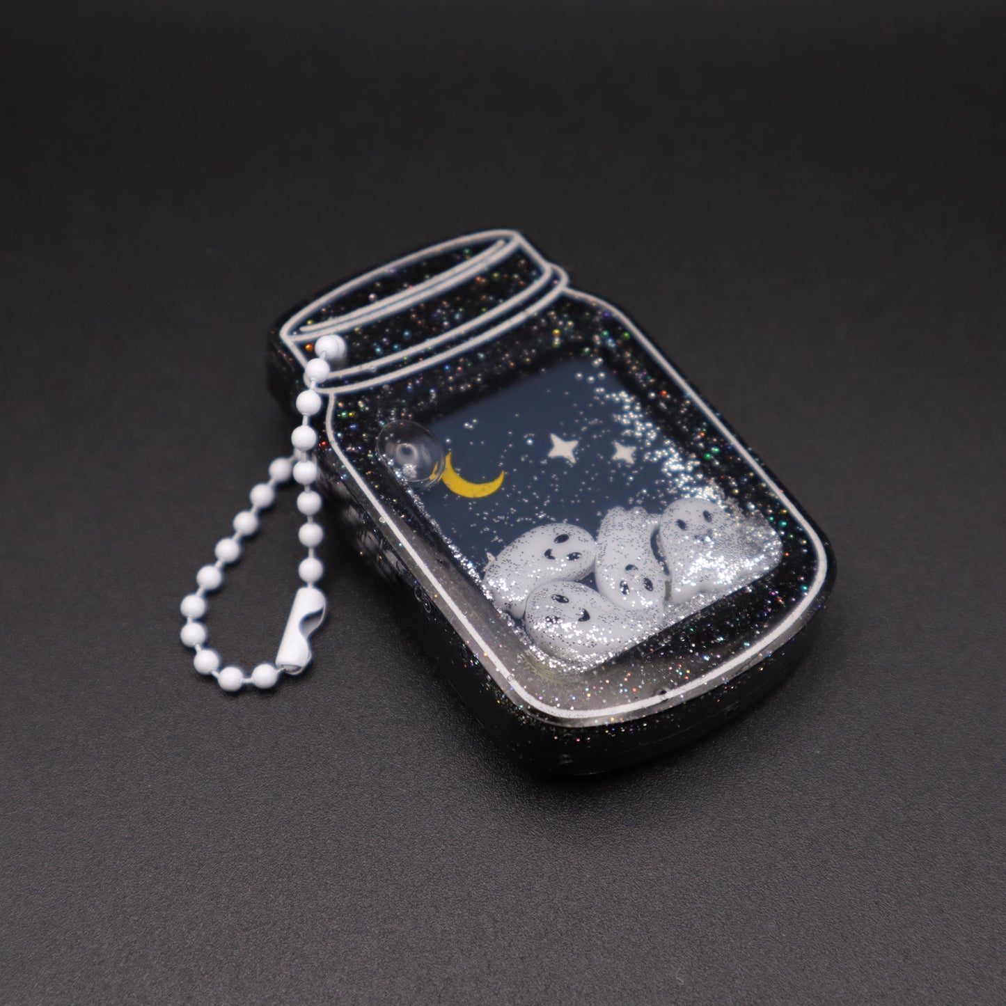 Graveyard Ghosts Jar Shaker Keychain - Black Glitter Version | Halloween Accessories