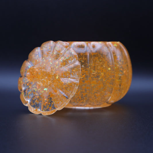 Orange Iridescent Glitter Pumpkin Jar | Decorative Storage Bowl | Small Resin Jar with Lid | Fall or Halloween Decor