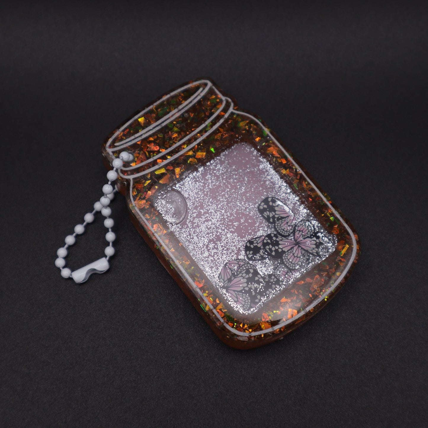 Orange Iridescent Glitter Butterfly Jar Shaker Keychain