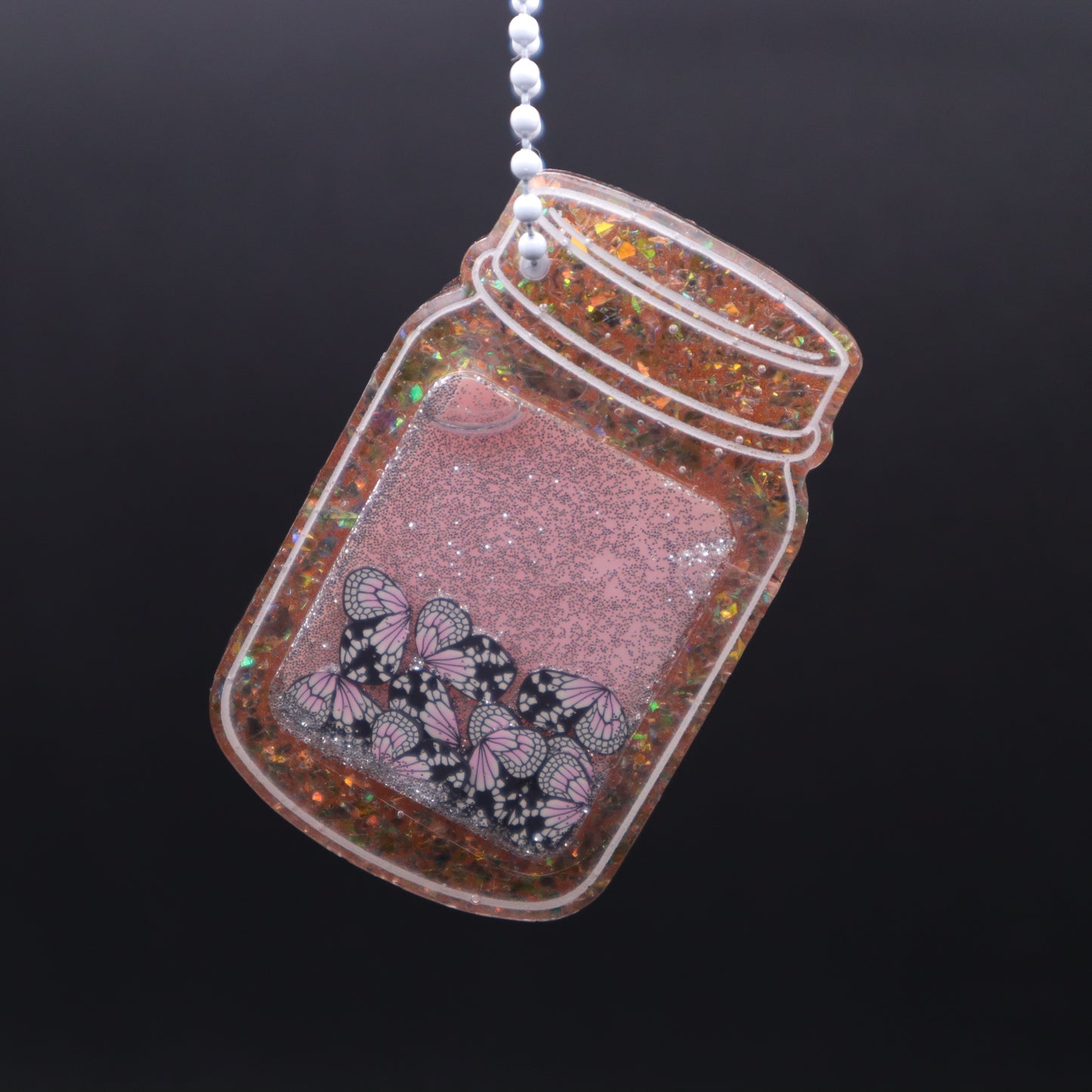 Orange Iridescent Glitter Butterfly Jar Shaker Keychain