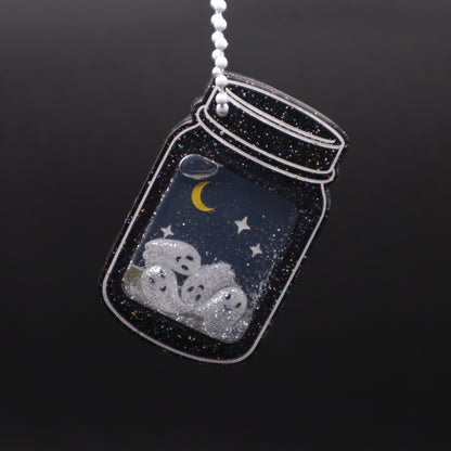 Graveyard Ghosts Jar Shaker Keychain - Black Glitter Version | Halloween Accessories