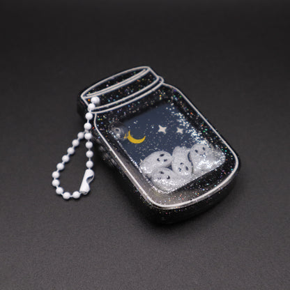 Graveyard Ghosts Jar Shaker Keychain - Black Glitter Version | Halloween Accessories
