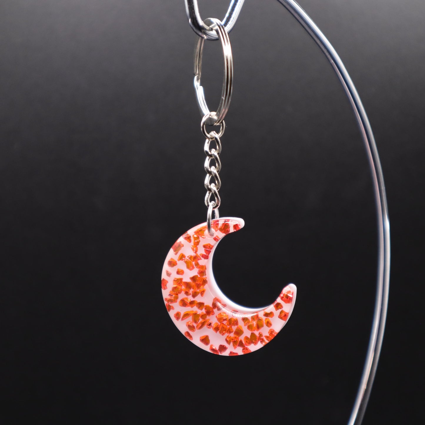 Red and White Moon Keychain | Handmade Resin Crescent Moon Keyring | Backpack & Purse Accessories