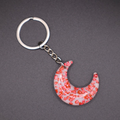 Red and White Moon Keychain | Handmade Resin Crescent Moon Keyring | Backpack & Purse Accessories
