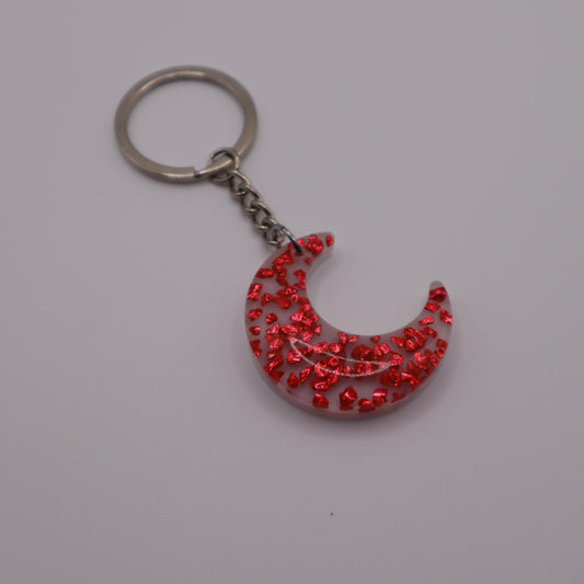 Red and White Moon Keychain | Handmade Resin Crescent Moon Keyring | Backpack & Purse Accessories