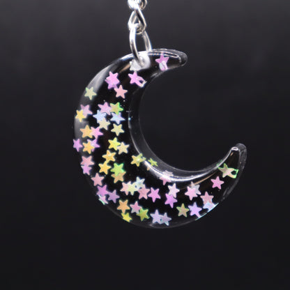 Confetti Moon Keychain | Handmade Resin Crescent Moon Keyring | Backpack & Purse Accessories