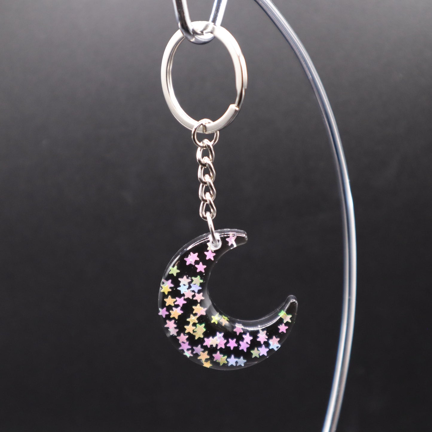 Confetti Moon Keychain | Handmade Resin Crescent Moon Keyring | Backpack & Purse Accessories
