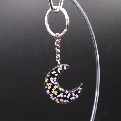 Confetti Moon Keychain | Handmade Resin Crescent Moon Keyring | Backpack & Purse Accessories