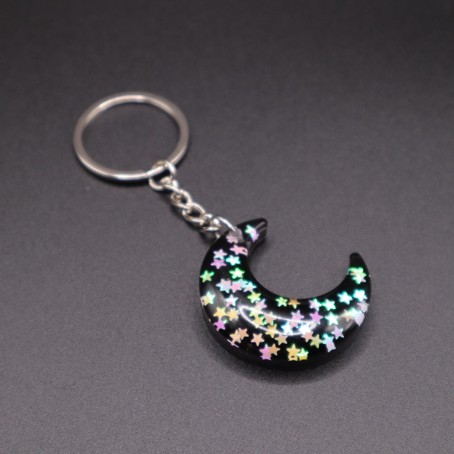 Confetti Moon Keychain | Handmade Resin Crescent Moon Keyring | Backpack & Purse Accessories