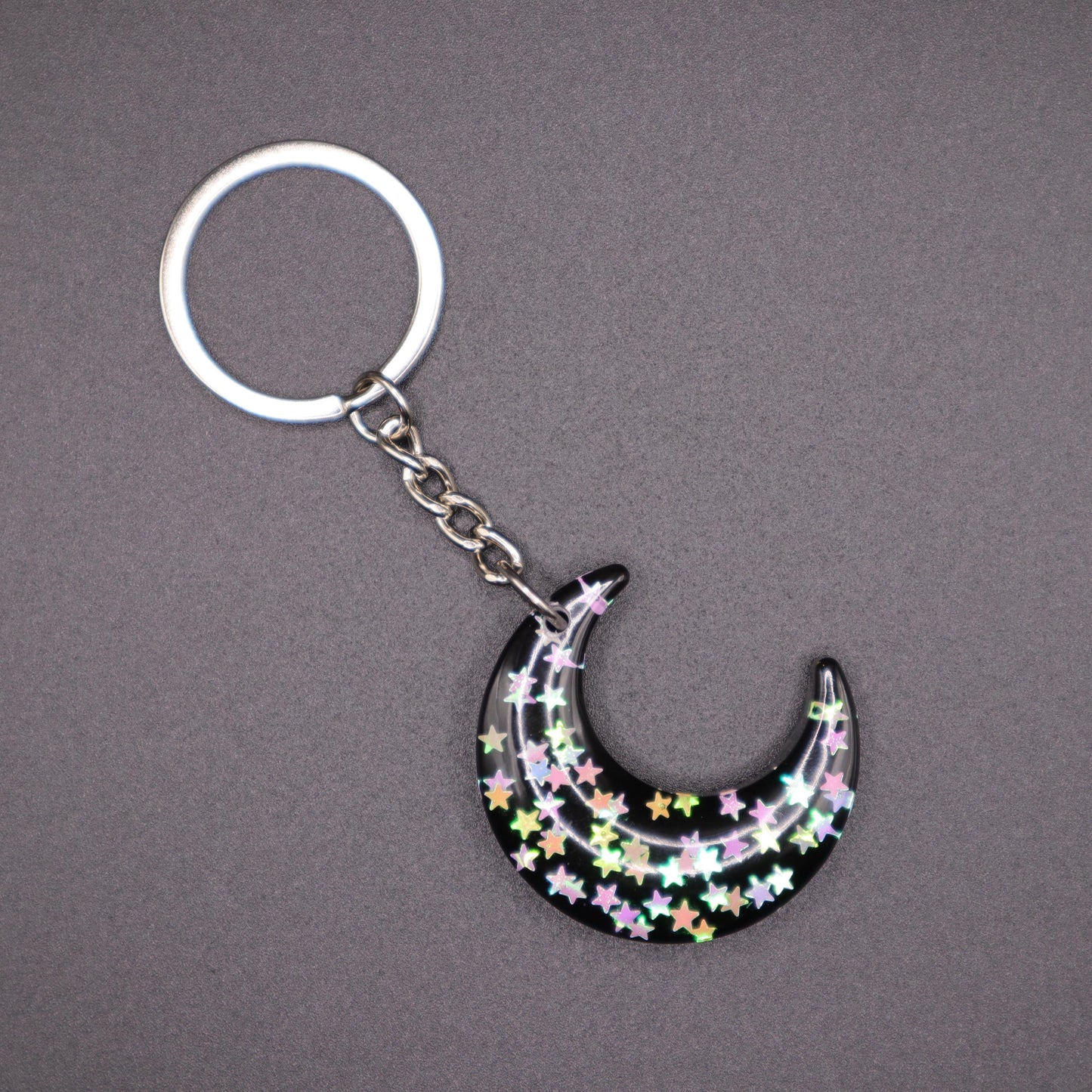 Confetti Moon Keychain | Handmade Resin Crescent Moon Keyring | Backpack & Purse Accessories